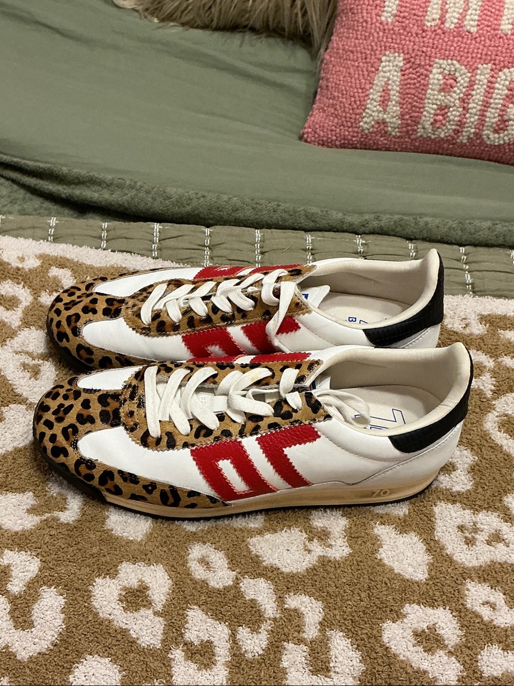 Women’s Leopard Accent White Sneakers with Red Stripes